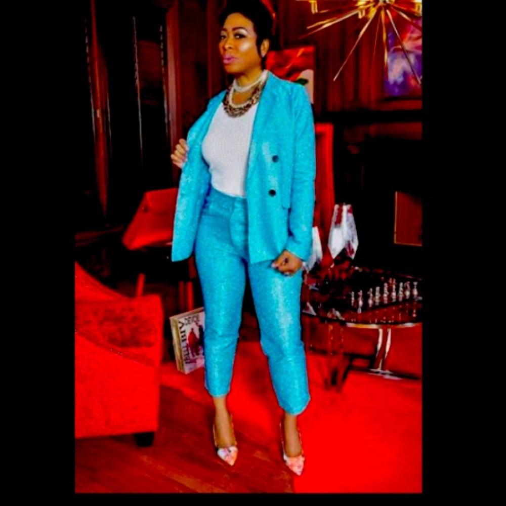 Glamorous 2 piece aqua blue suit  just in time for New Year’s Eve.